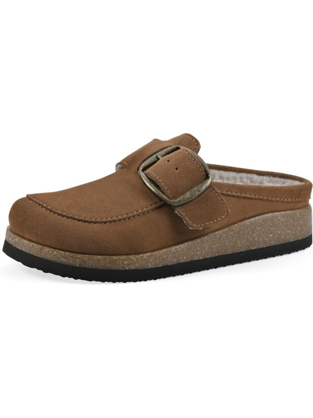 🆕Women's Brown Suede Leather Big Buckle Foot bed Clogs Flat Slip On Mules